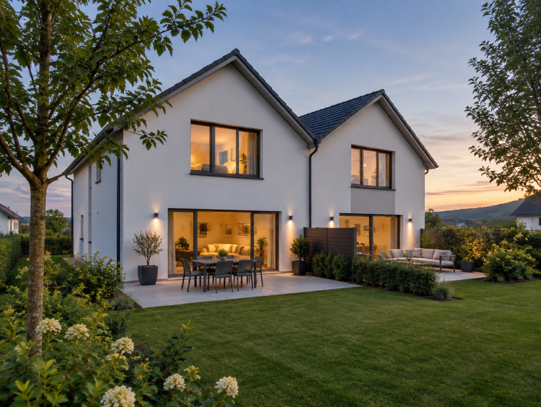 Visualisierung: modernes Doppelhaus mit Terrasse und Garten in der Abendsonne