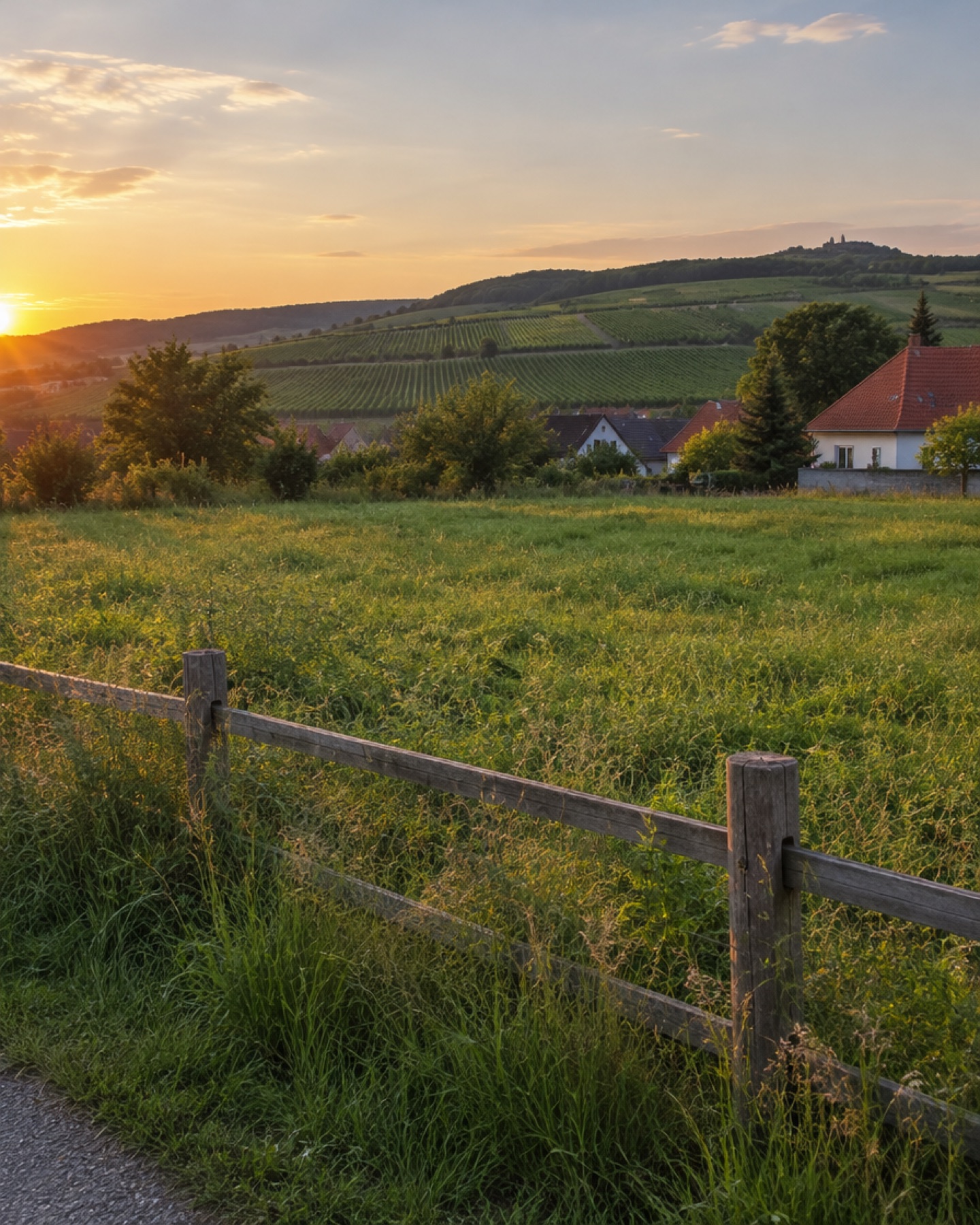 Grünes Grundstück am Ortsrand vor Weinbergen im Abendlicht